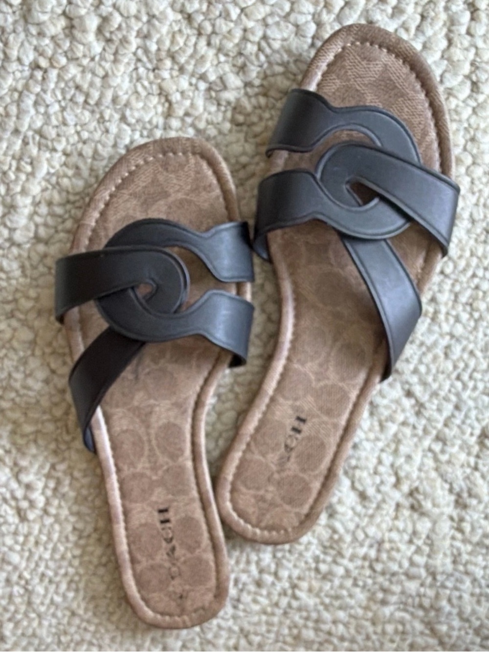 Coach Brown Leather Slide Sandals with Interlocking Strap Detail